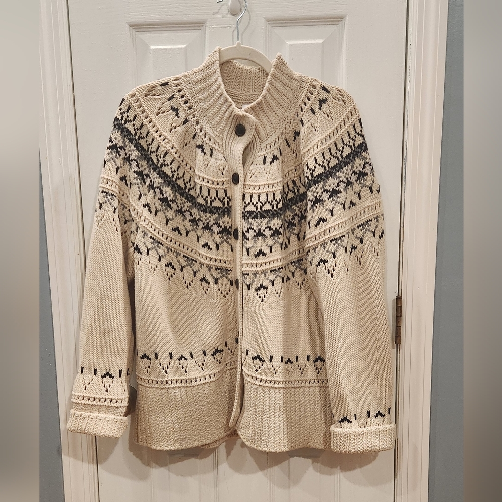 L.L. Bean Cream Knit Fair Isle Cardigan